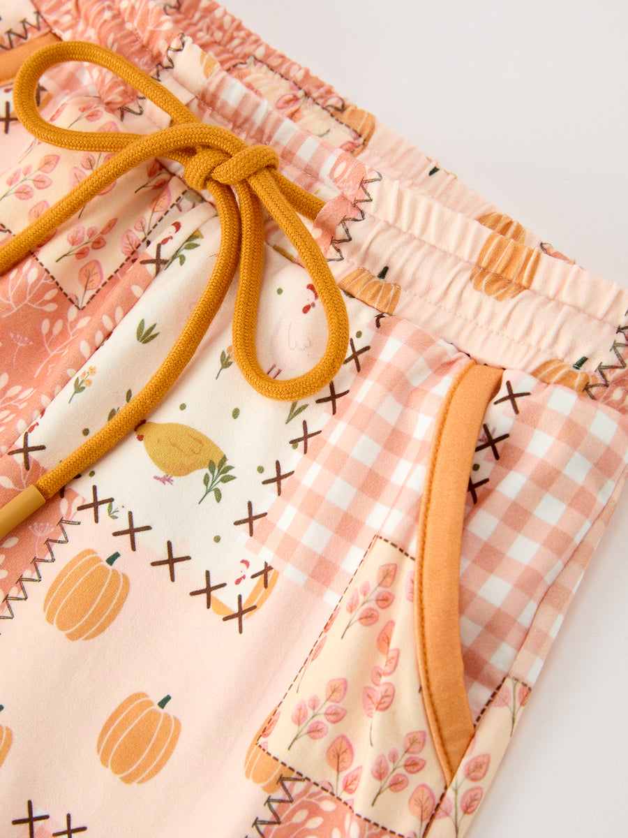 Thanksgiving Pumpkin Patchwork Girls Top And Shorts Outfit