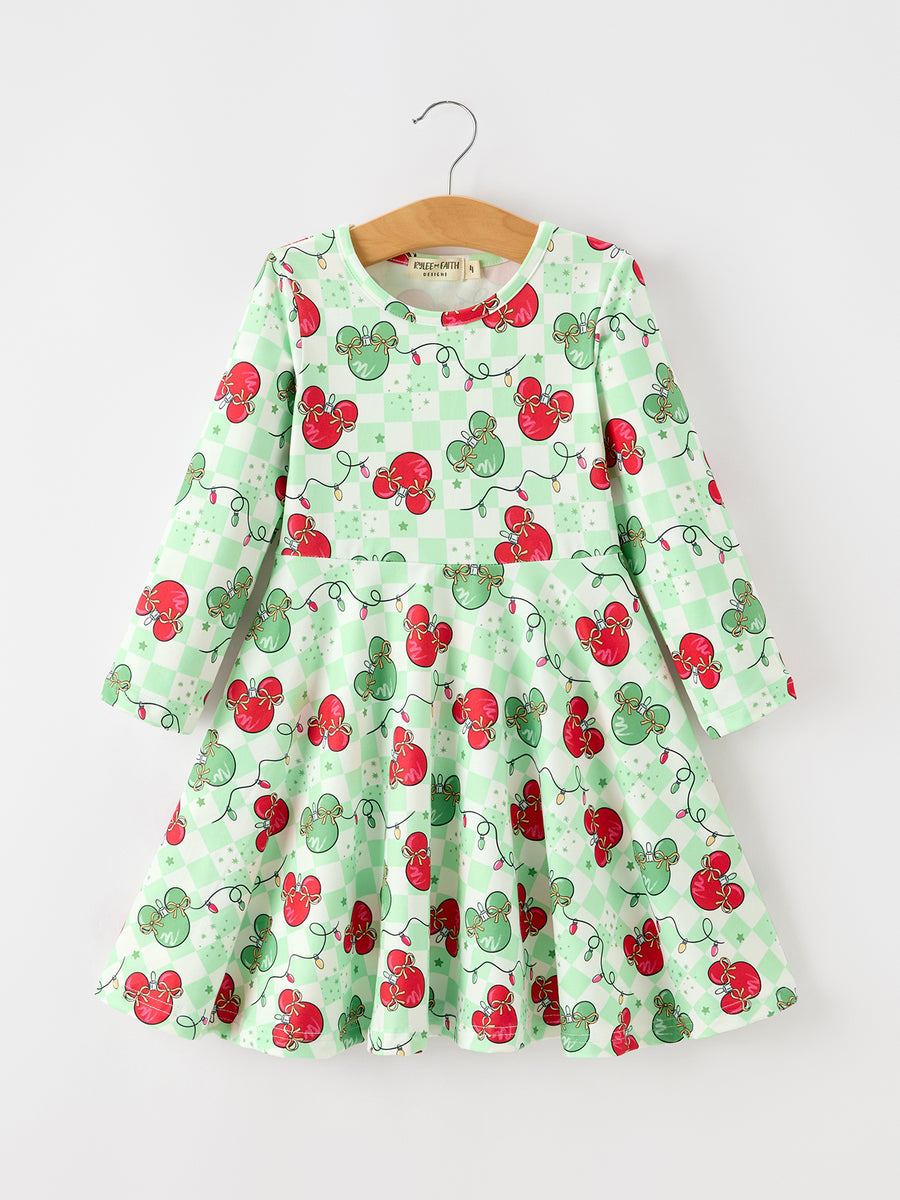 Christmas Ornament Plaid Girls Long Sleeve Twirl Dress
