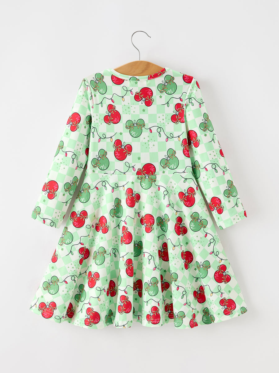 Christmas Ornament Plaid Girls Long Sleeve Twirl Dress
