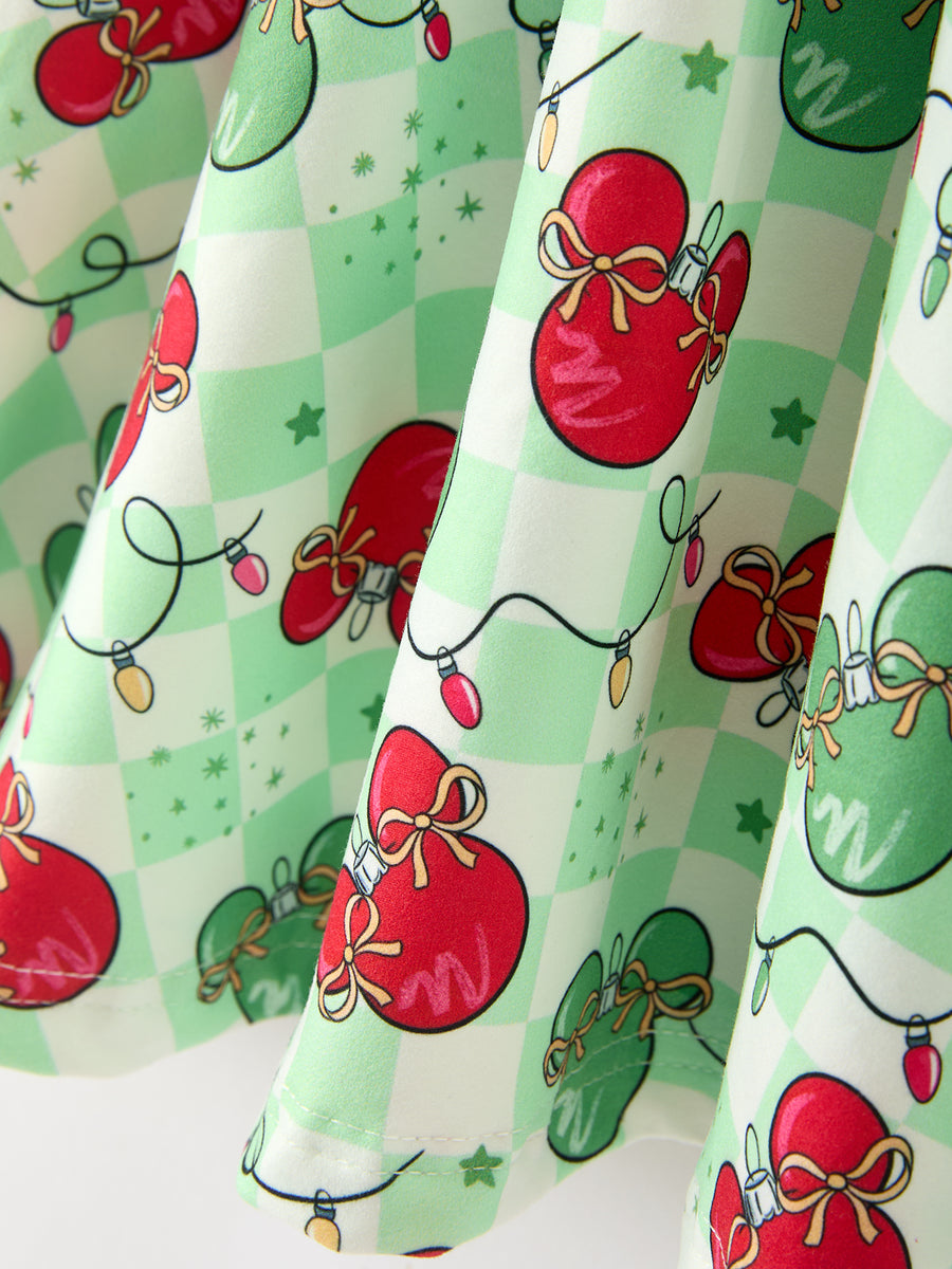 Christmas Ornament Plaid Girls Long Sleeve Twirl Dress