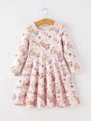 Girls Pink Bow Print Long Sleeve Twirl Dress