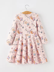 Girls Pink Bow Print Long Sleeve Twirl Dress