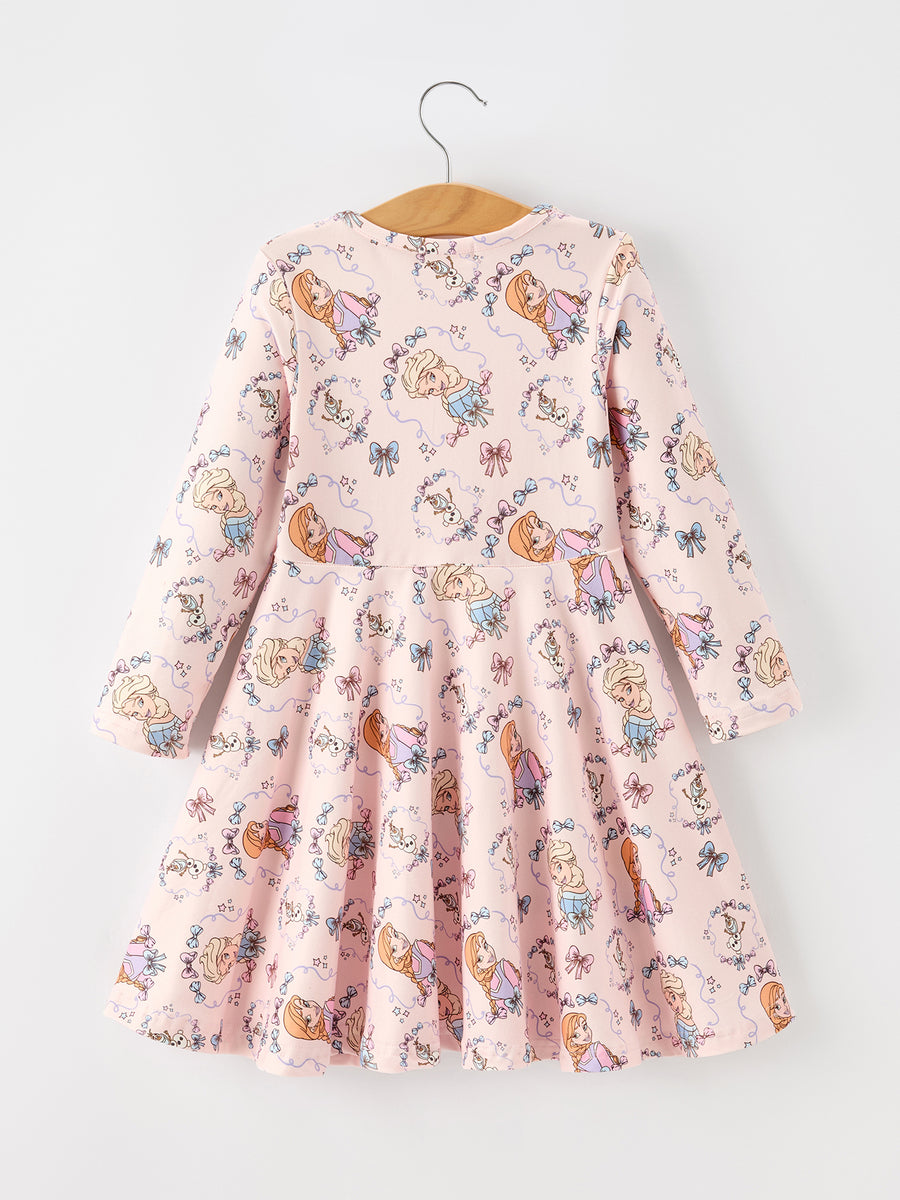 Girls Pink Bow Print Long Sleeve Twirl Dress