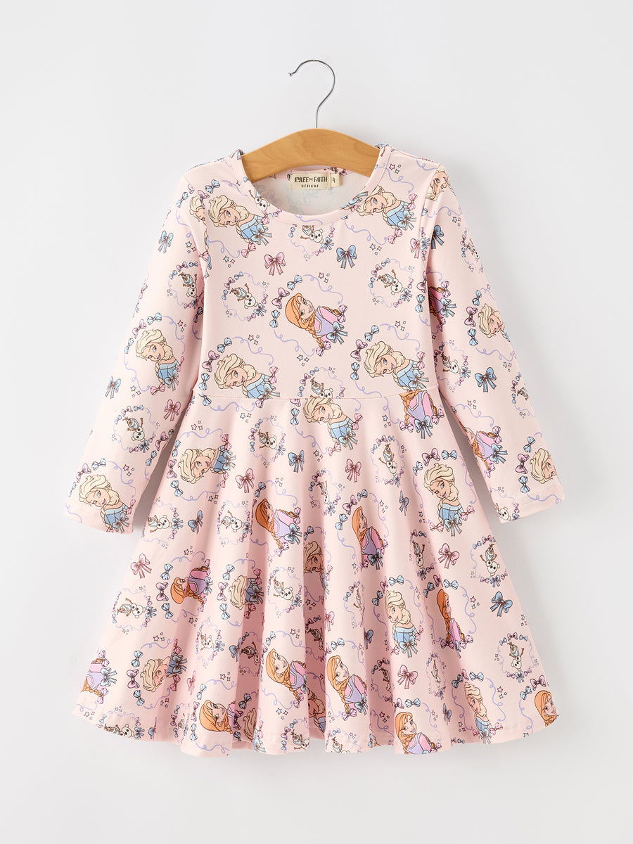 Girls Pink Bow Print Long Sleeve Twirl Dress