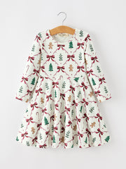 Christmas Bow and Gingerbread Print Girls Twirl Dress