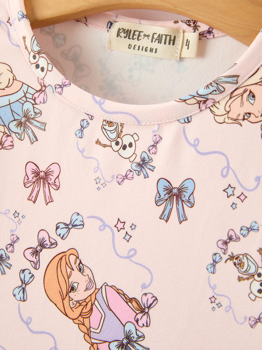 Girls Pink Bow Print Long Sleeve Twirl Dress