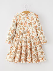 Christmas Gingerbread Cookie Girls Long Sleeve Twirl Dress