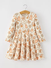 Christmas Gingerbread Cookie Girls Long Sleeve Twirl Dress