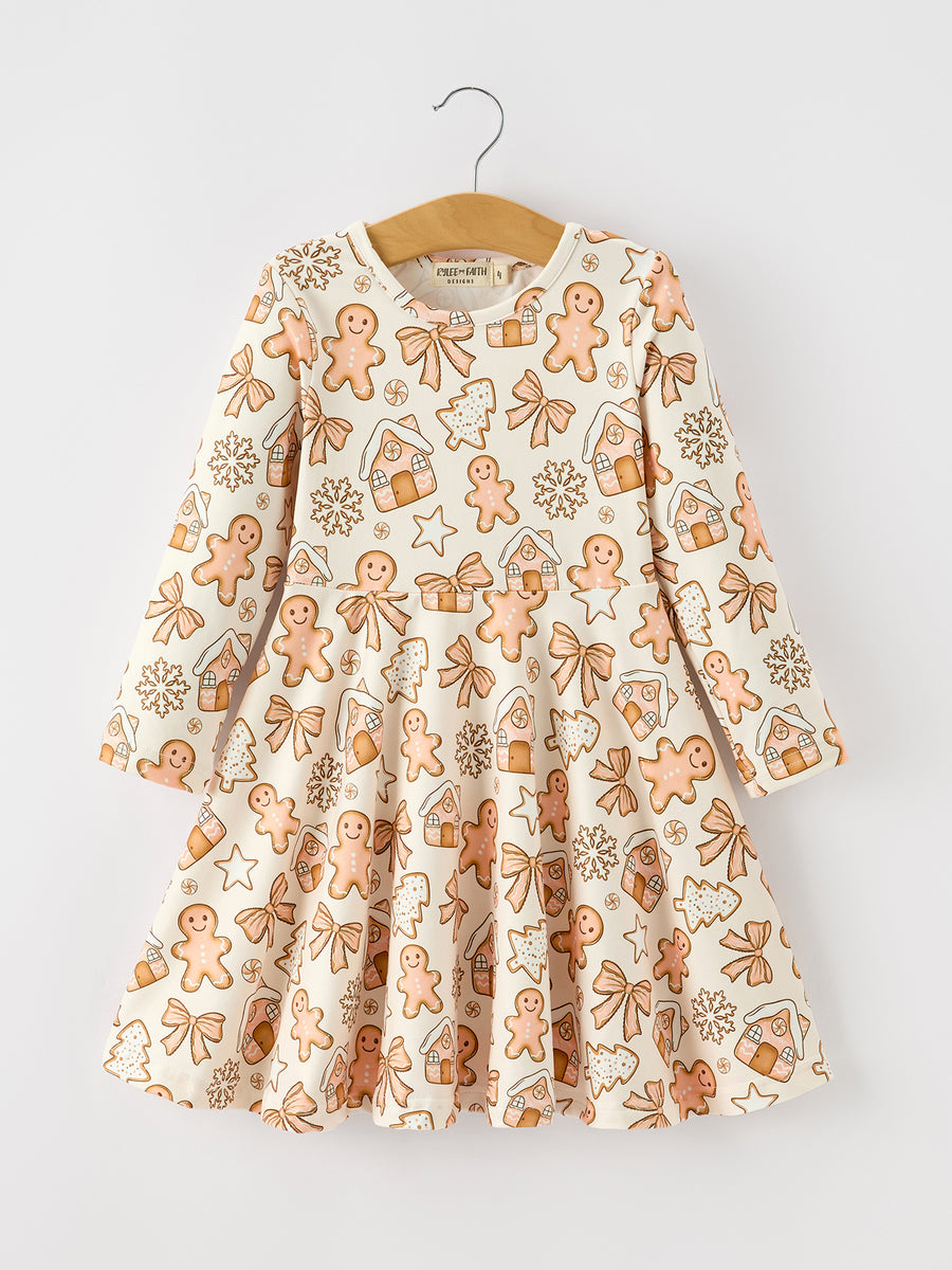 Christmas Gingerbread Cookie Girls Long Sleeve Twirl Dress