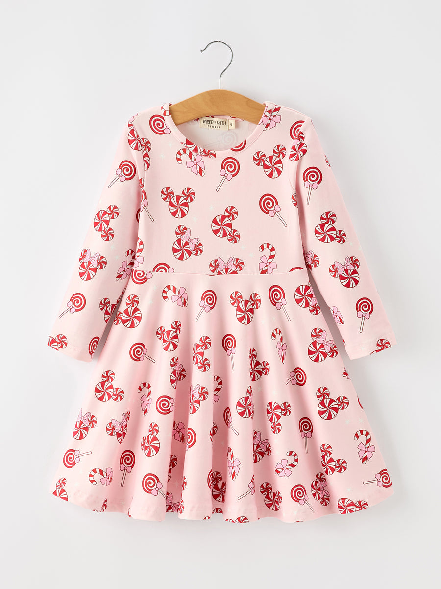 Girls Christmas Peppermint Candy Long Sleeve Twirl Dress