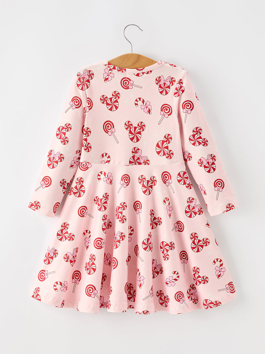 Girls Christmas Peppermint Candy Long Sleeve Twirl Dress