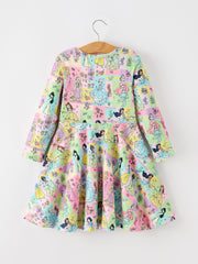 Girls Colorful Character Print Long Sleeve Twirl Dress