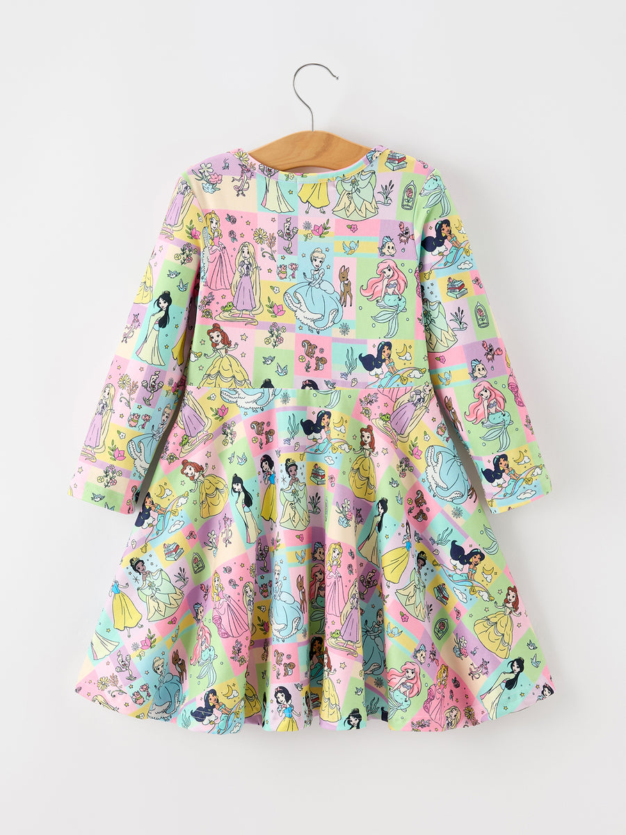 Girls Colorful Character Print Long Sleeve Twirl Dress
