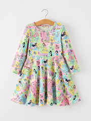 Girls Colorful Character Print Long Sleeve Twirl Dress
