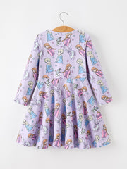 Girls Lavender Winter Print Long Sleeve Twirl Dress