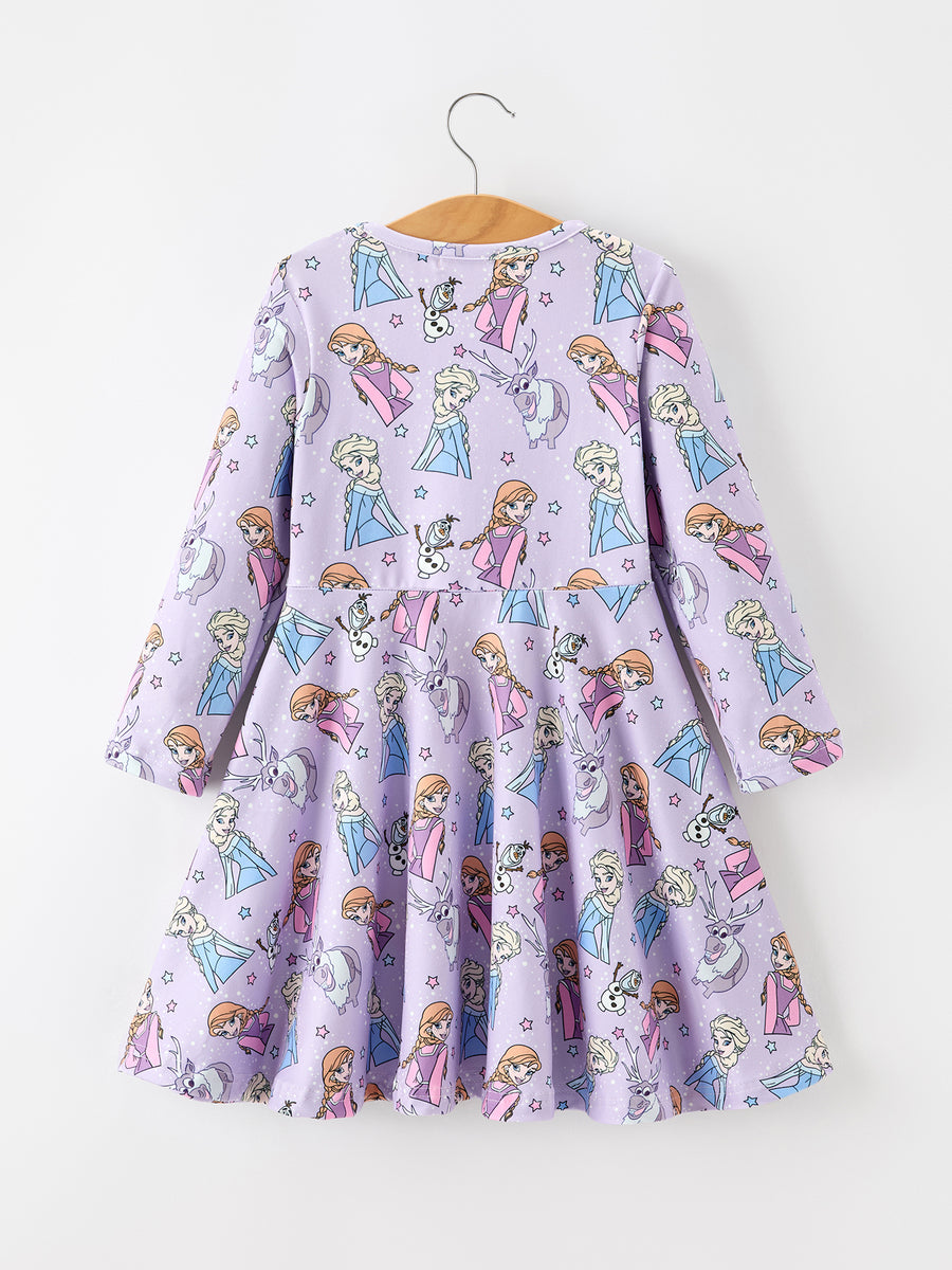 Girls Lavender Winter Print Long Sleeve Twirl Dress