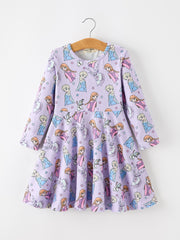 Girls Lavender Winter Print Long Sleeve Twirl Dress
