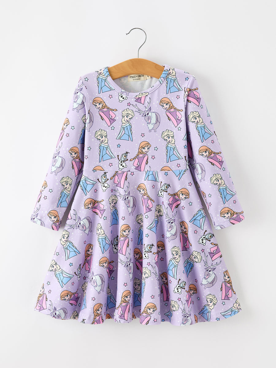 Girls Lavender Winter Print Long Sleeve Twirl Dress