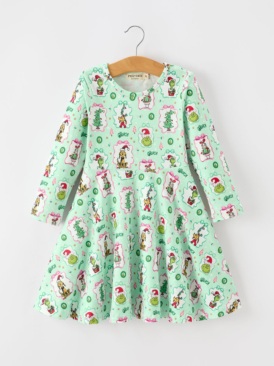 Christmas Mint Green Girls Long Sleeve Twirl Dress