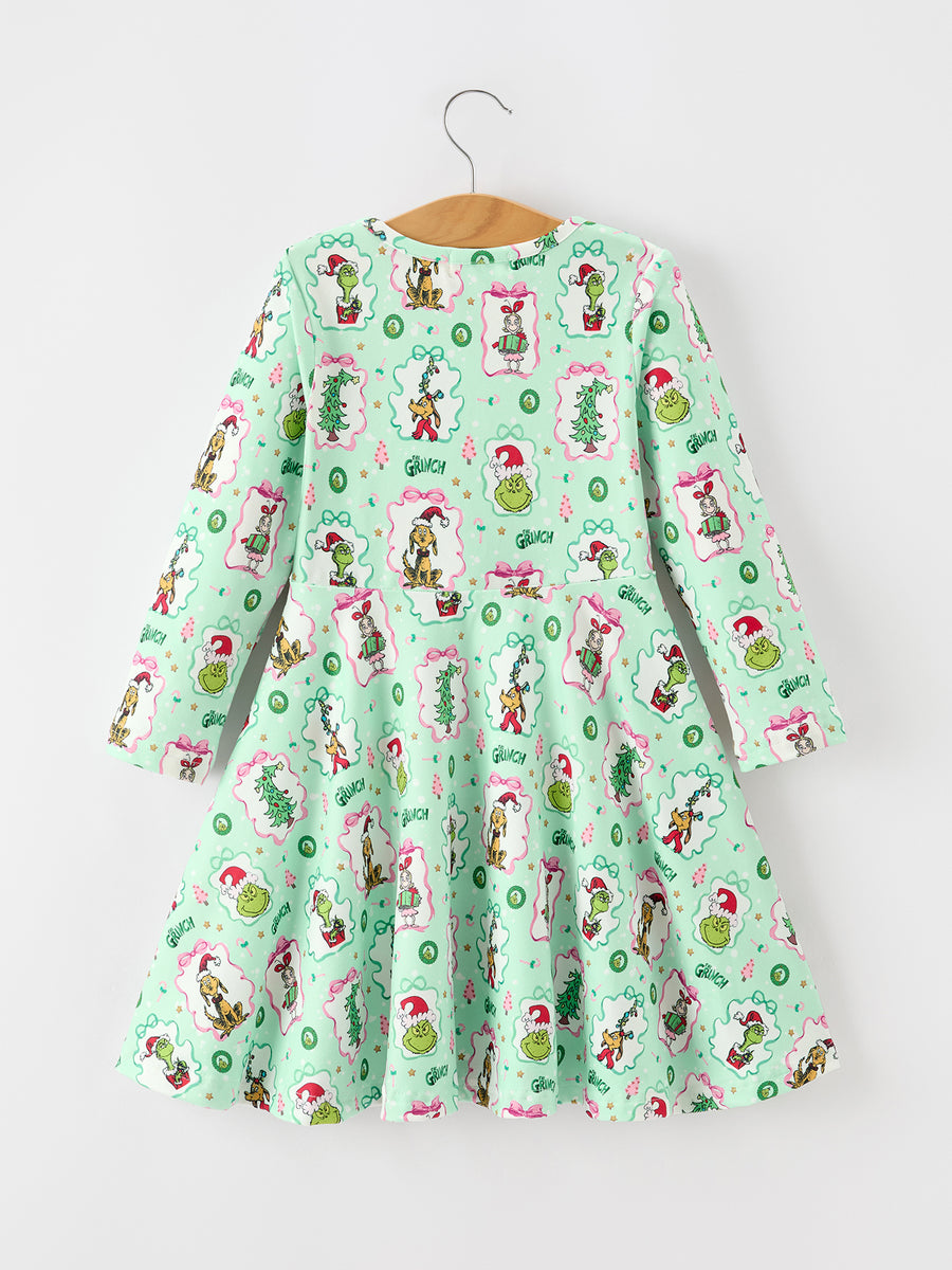 Christmas Mint Green Girls Long Sleeve Twirl Dress