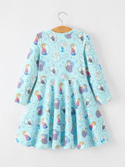 Girls Winter Portrait Print Long Sleeve Twirl Dress