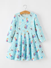 Girls Winter Portrait Print Long Sleeve Twirl Dress