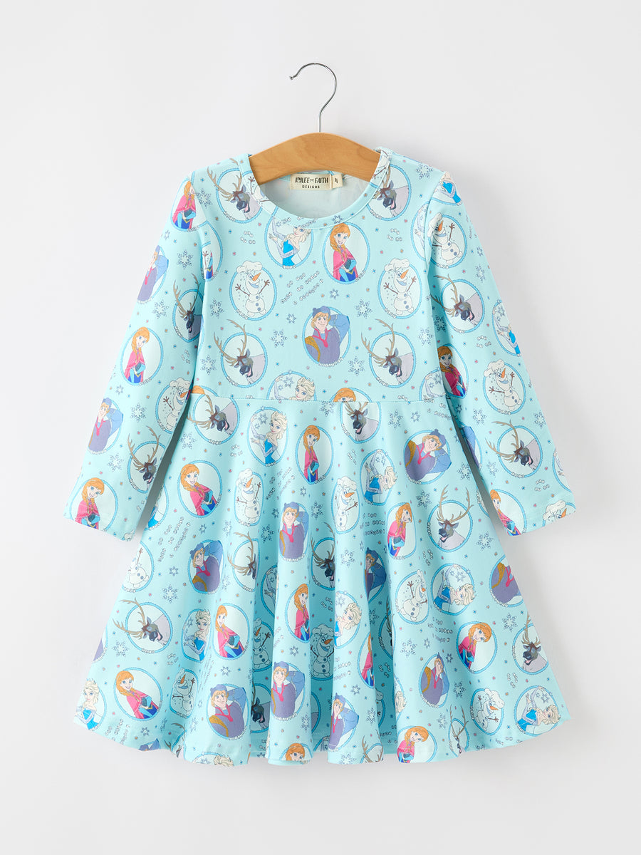 Girls Winter Portrait Print Long Sleeve Twirl Dress