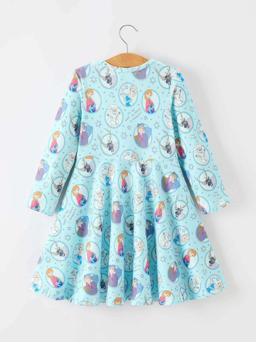 Girls Winter Portrait Print Long Sleeve Twirl Dress