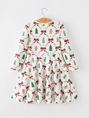 Christmas Bow and Gingerbread Print Girls Twirl Dress