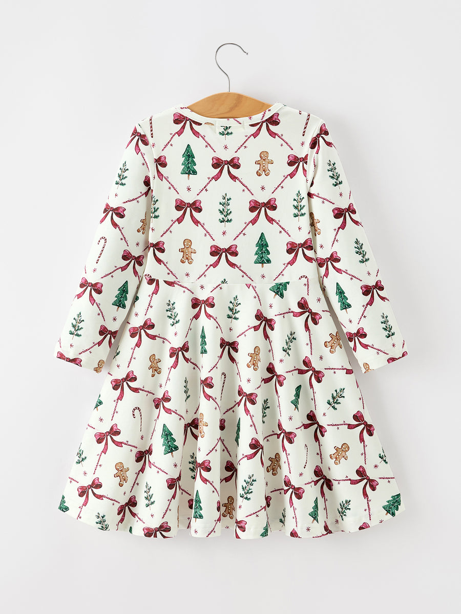 Christmas Bow and Gingerbread Print Girls Twirl Dress