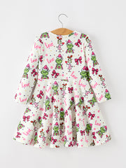 Christmas Bow Print Girls Long Sleeve Twirl Dress