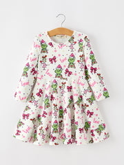 Christmas Bow Print Girls Long Sleeve Twirl Dress
