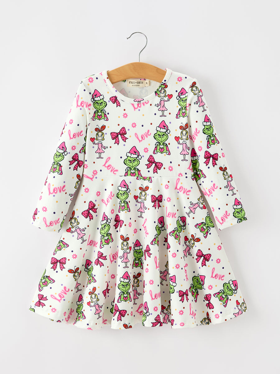 Christmas Bow Print Girls Long Sleeve Twirl Dress
