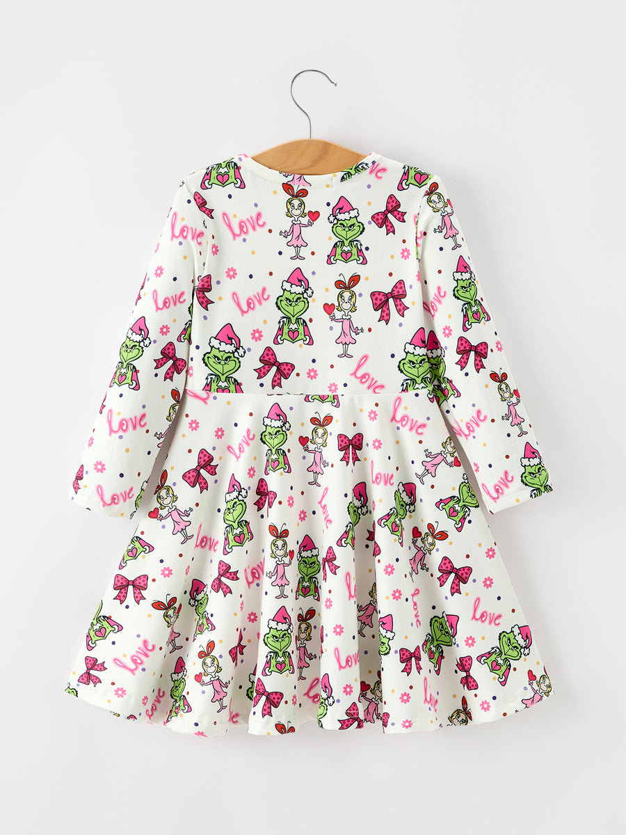 Christmas Bow Print Girls Long Sleeve Twirl Dress