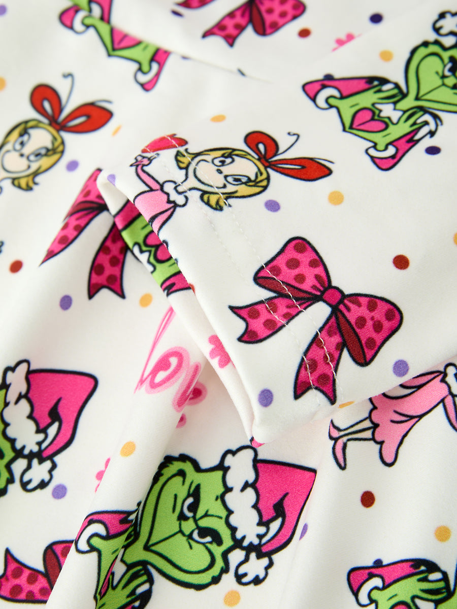 Christmas Bow Print Girls Long Sleeve Twirl Dress