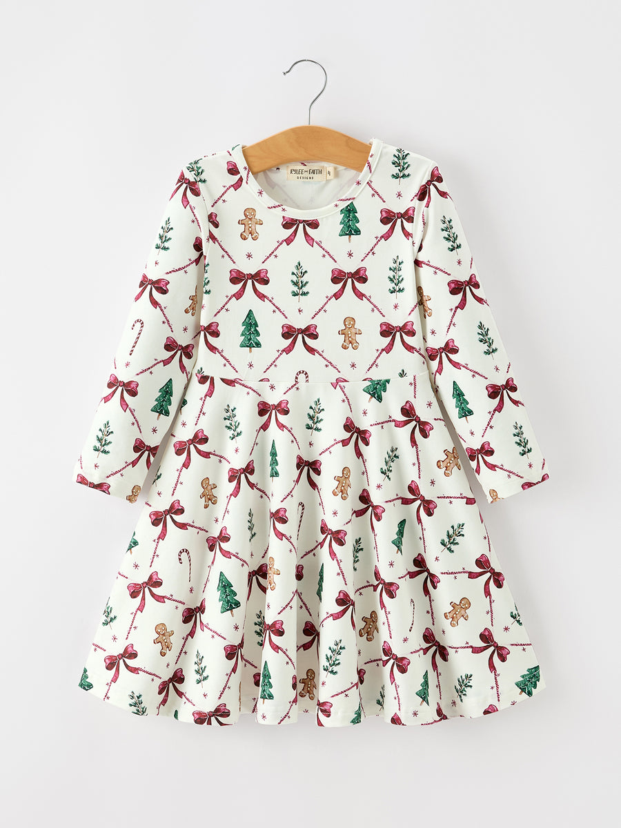 Christmas Bow and Gingerbread Print Girls Twirl Dress