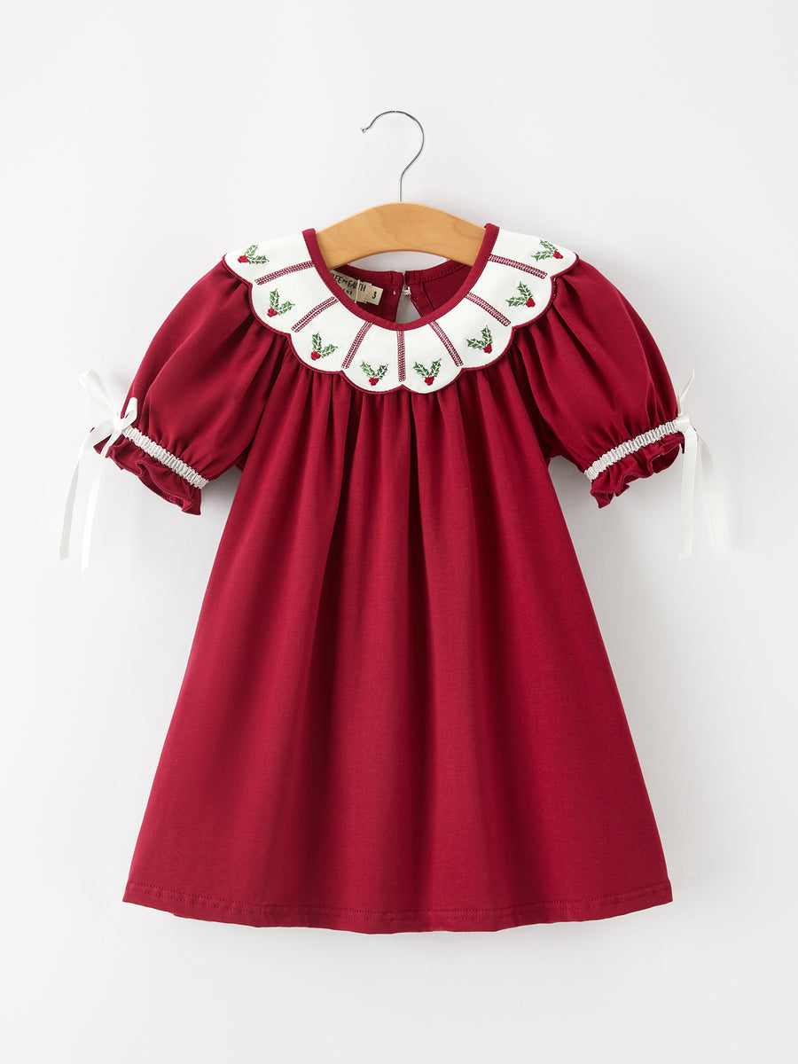 Christmas Holly Embroidered Girls Dress Petals Collar Puff Sleeve