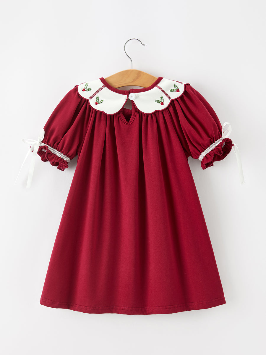 Christmas Holly Embroidered Girls Dress Petals Collar Puff Sleeve