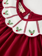 Christmas Holly Embroidered Girls Dress Petals Collar Puff Sleeve