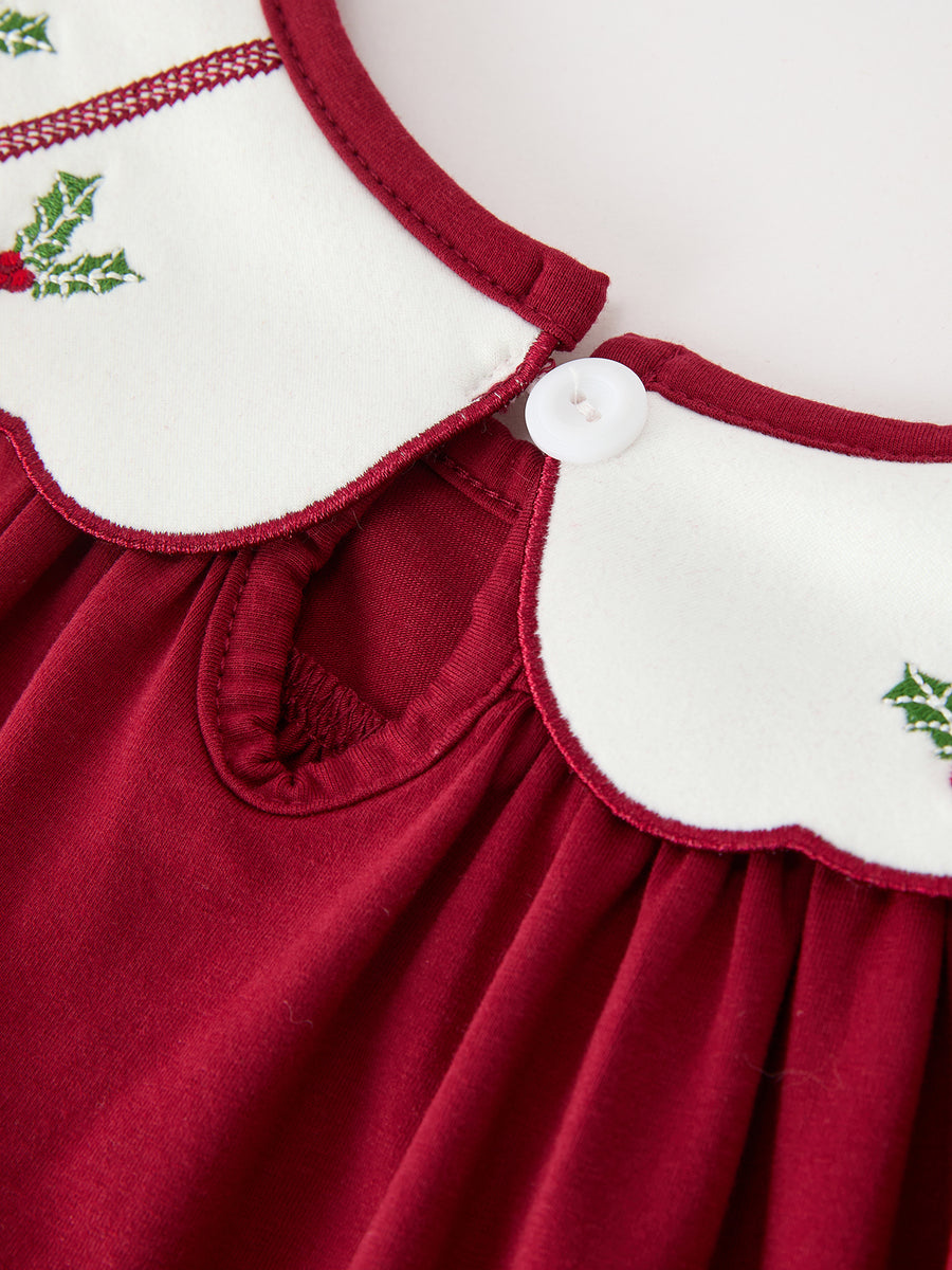 Christmas Holly Embroidered Girls Dress Petals Collar Puff Sleeve