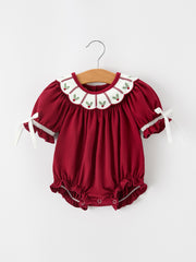 Christmas Holly Embroidered Baby Romper Petals Collar Ruffle