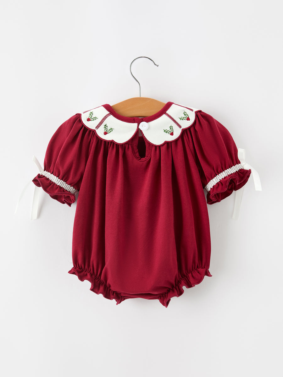 Christmas Holly Embroidered Baby Romper Petals Collar Ruffle
