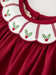 Christmas Holly Embroidered Baby Romper Petals Collar Ruffle
