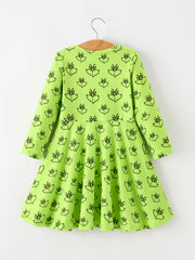 Christmas Abstract Face Print Girls Long Sleeve Twirl Dress