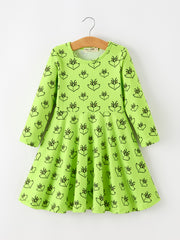 Christmas Abstract Face Print Girls Long Sleeve Twirl Dress