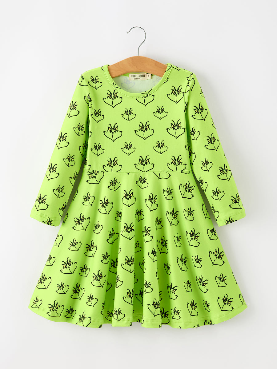 Christmas Abstract Face Print Girls Long Sleeve Twirl Dress