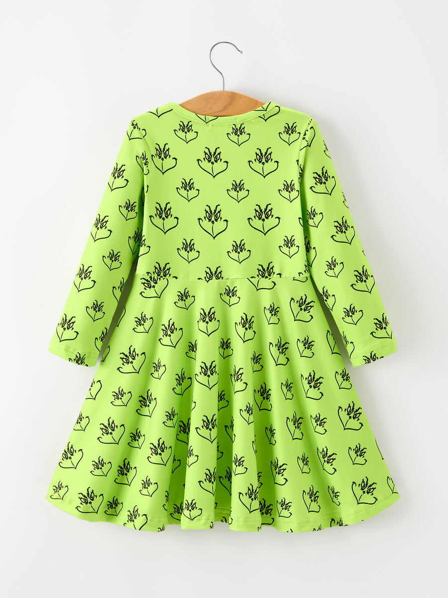 Christmas Abstract Face Print Girls Long Sleeve Twirl Dress