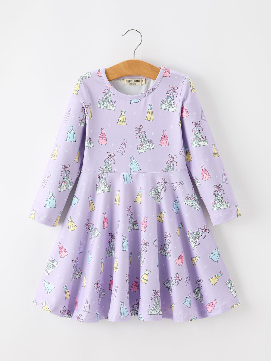 Girls Lavender Castle and Dress Print Long Sleeve Twirl Dress