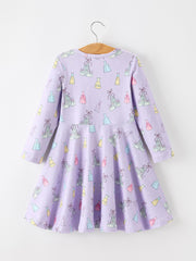 Girls Lavender Castle and Dress Print Long Sleeve Twirl Dress