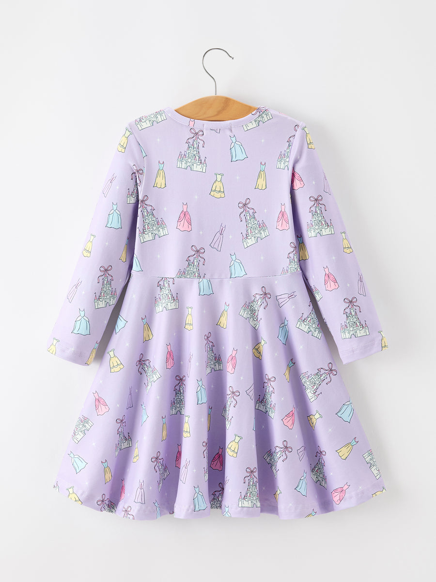 Girls Lavender Castle and Dress Print Long Sleeve Twirl Dress